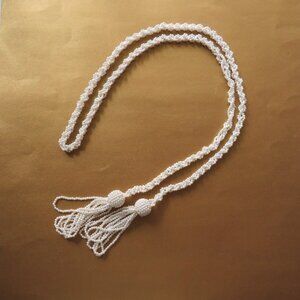 Vintage White Faux Pearl Braided Lariat Necklace with Tassel Drops